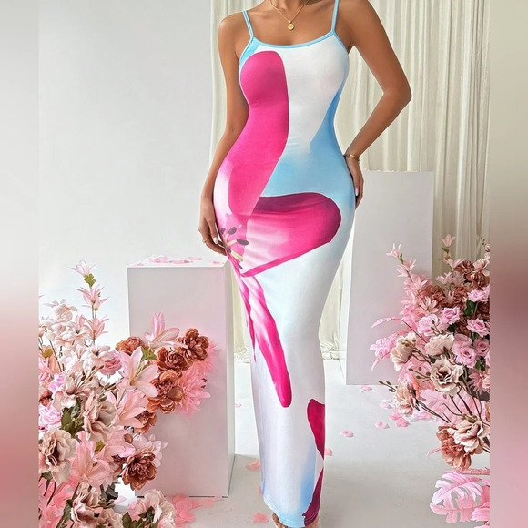 Slim Fit Color Block Flower Printed Cami Dress - Picture 2 of 6